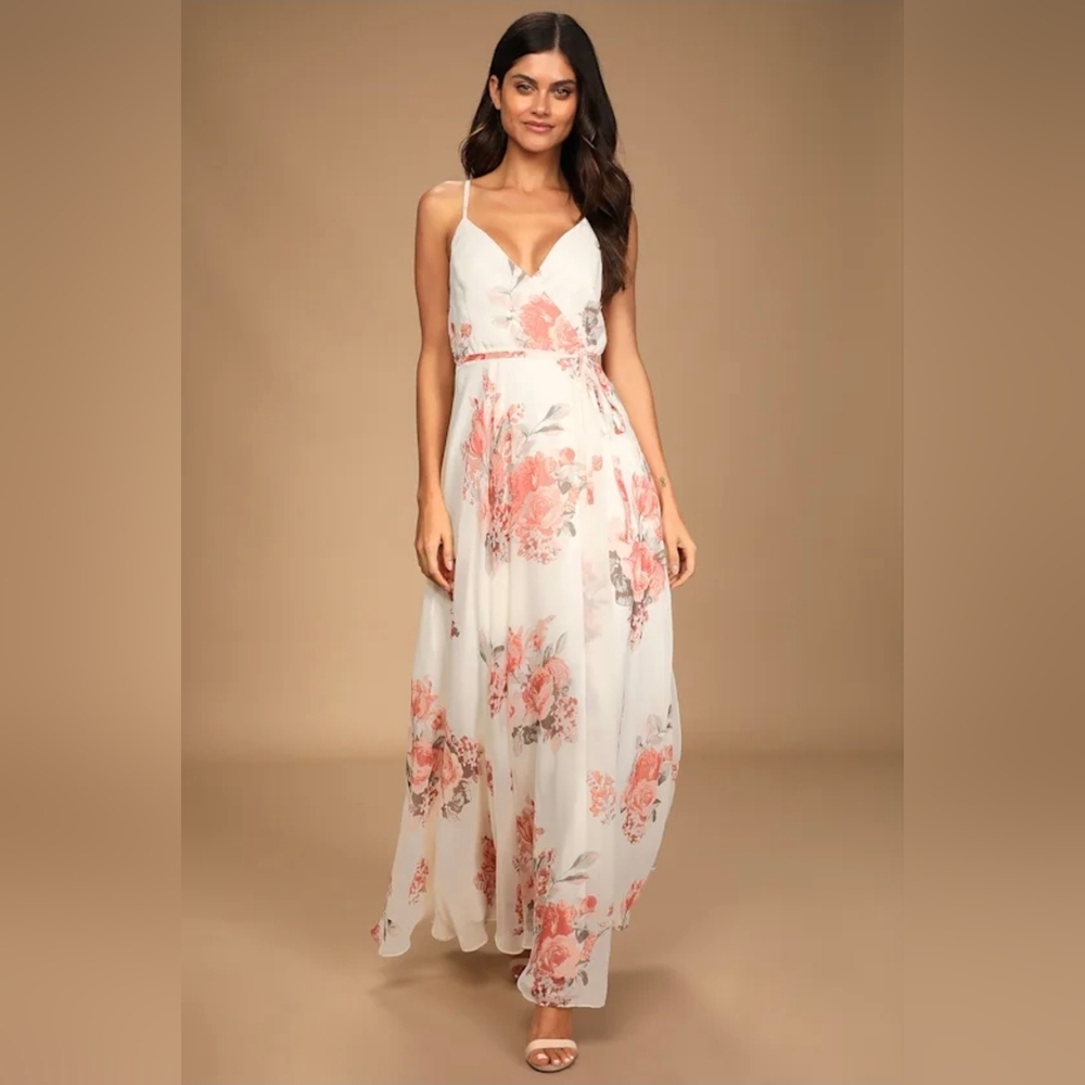 Lulus Elegantly Inclined Cream Floral Print Wrap Maxi Dress White - Size M - Picture 4 of 7